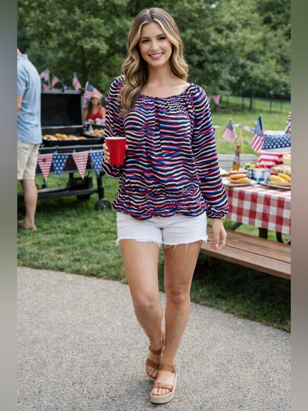 MICHAEL KORS Striped Long Sleeve Blouse Elastic Neck Peplum Off Shoulder Top (M)